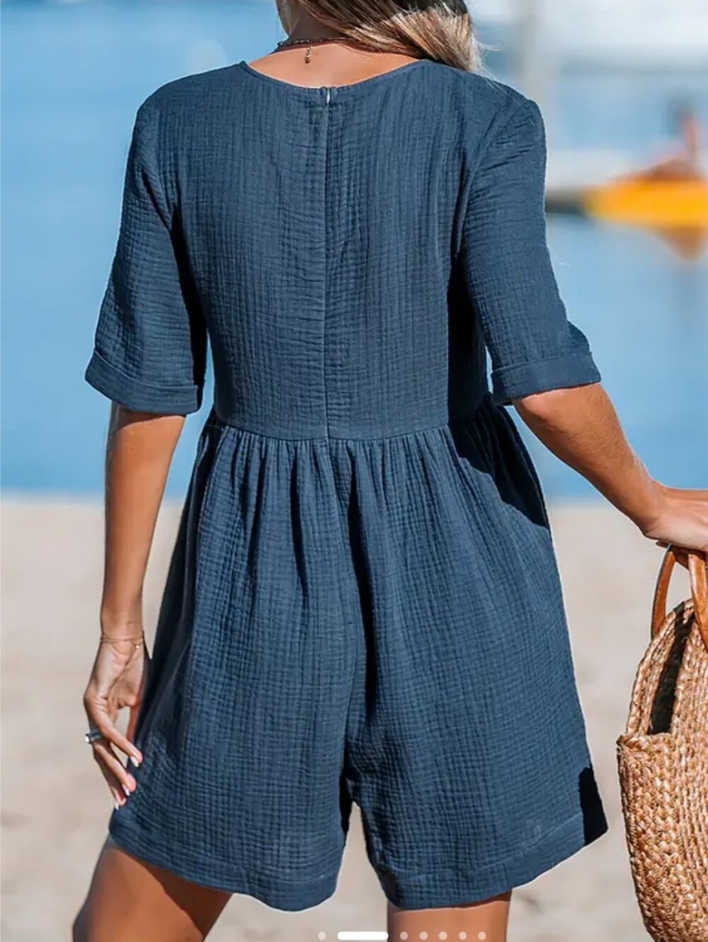 Casual Navy V-Neck Wide Leg Romper with Pockets - Picture 5 of 7
